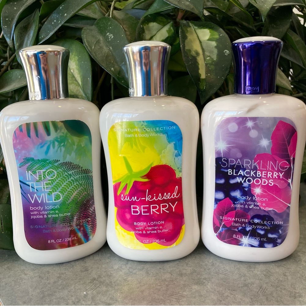 Bath & Body Works Lotion 3 Lot Sun Kissed Berry, Into the Wild, Blackberry Woods